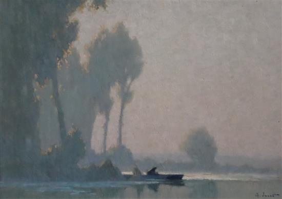 § Alexandre Jacob (1876-1972) Figure in a rowing boat at sunrise 9.5 x 13.25in.